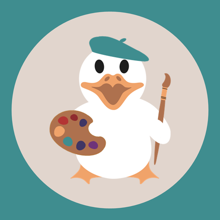 Gansling Malstudio | Keramikbemalen in Markt Schwaben Illustrierte weiße Gans, mit Farbpalette und Pinsel – das Maskottchen vom Gansling Malstudio in Markt Schwaben